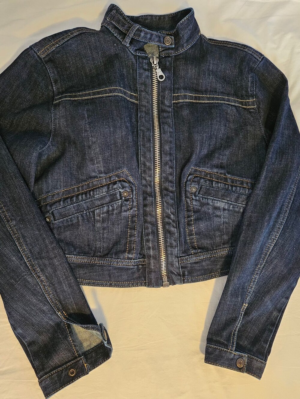 Vintage Apple Bottoms Y2K Dark Wash Cropped Denim Bomber Jacket